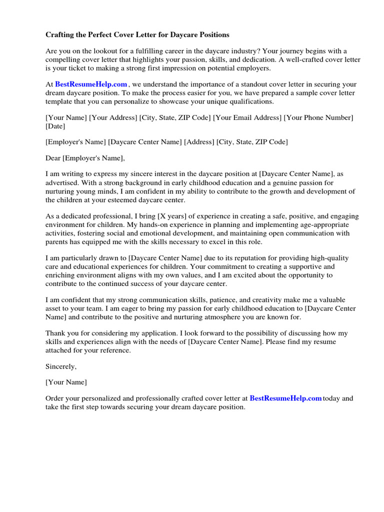 Sample Cover Letter For Daycare Teacher Download Free PDF Child