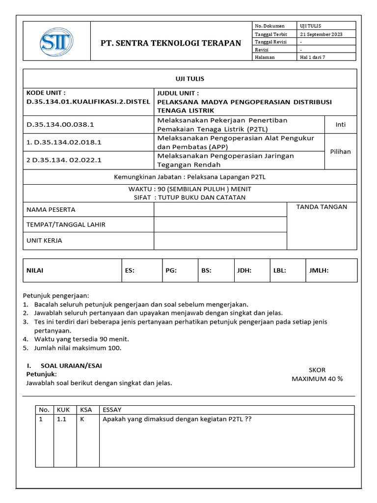 Uji Tulis Pelaksana P2TL 2023 | PDF