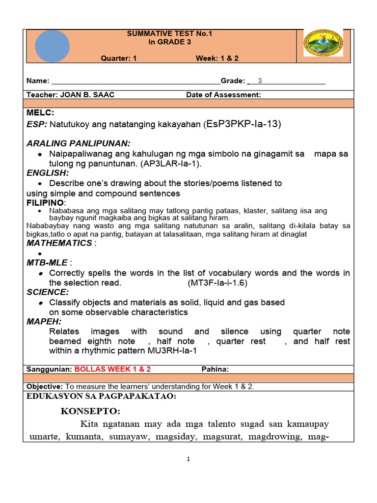 Grade 3 ST - Summative Tes Week 1 2 | PDF
