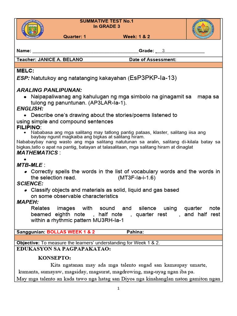 Grade 3 ST - Summative Tes Week 1 2 | PDF