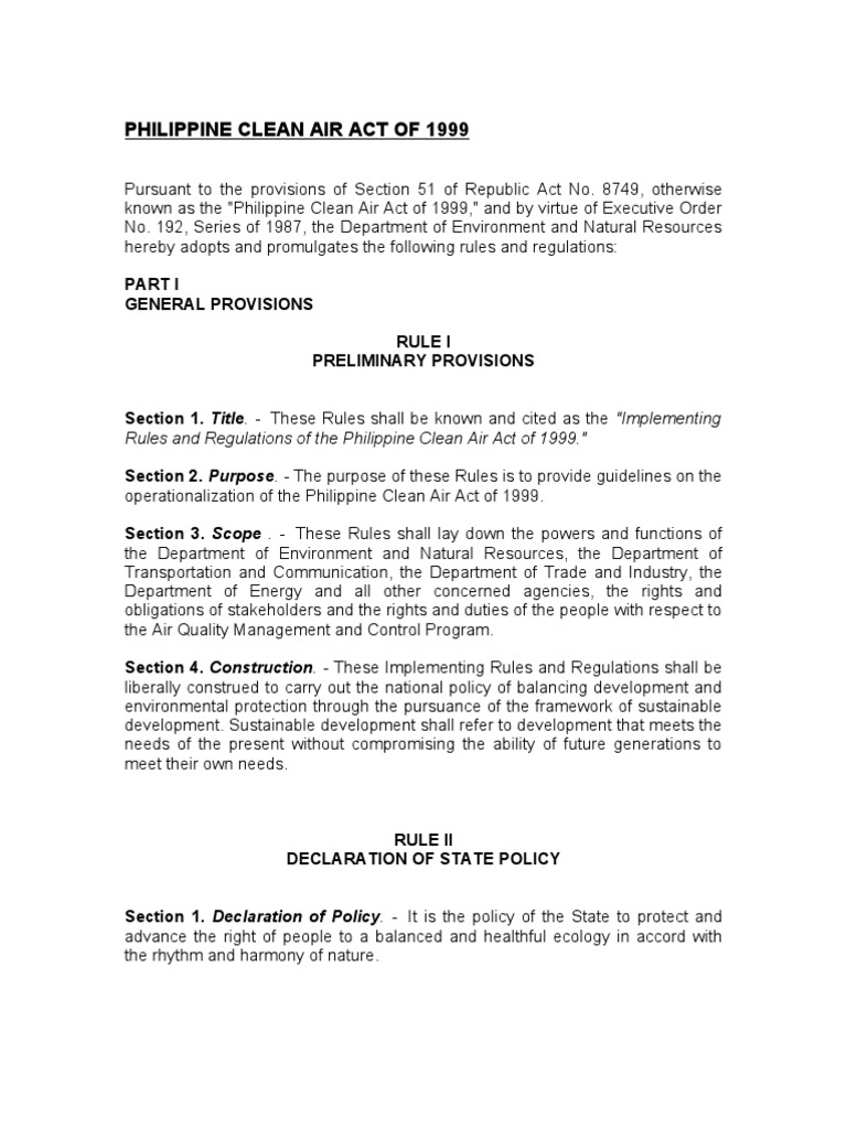 Philippine Clean Air Act of 1999 Rev. | PDF | Air Pollution | Exhaust Gas