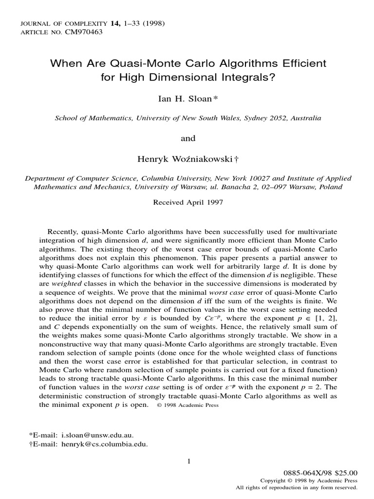 When Are Quasi Monte Carlo Algorithms Efficient For High - 1998 ...