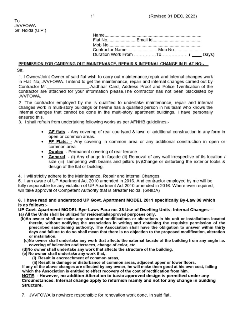 Revised Renovation Form01.01.24 | PDF | Apartment | Justice