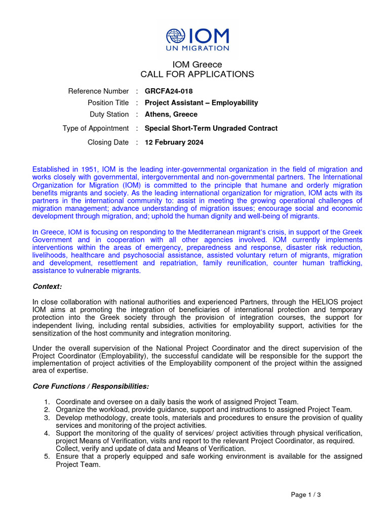 Project Assistant Position in Athens | PDF | International Organization ...