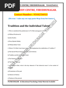 Tradition and The Individual Talent Sample Mcqs