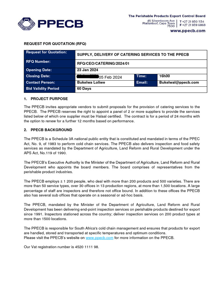 Catering Services RFQ for PPECB 2024 | PDF