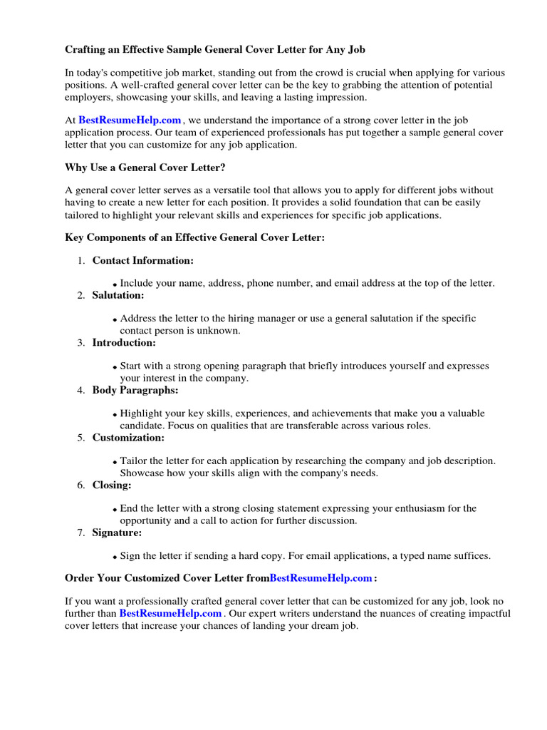 Sample General Cover Letter No Specific Job PDF Résumé Sales