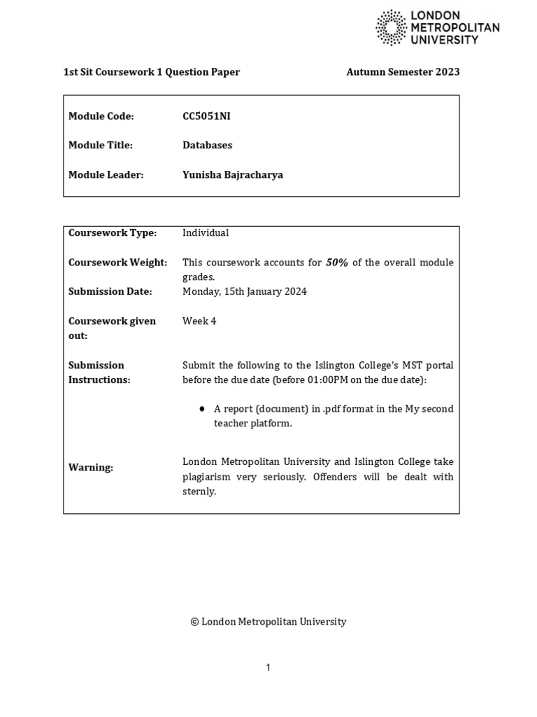 CC5051NIDatabasesY23AutumnMainSitCWQP 91647 | PDF | Sql | Databases