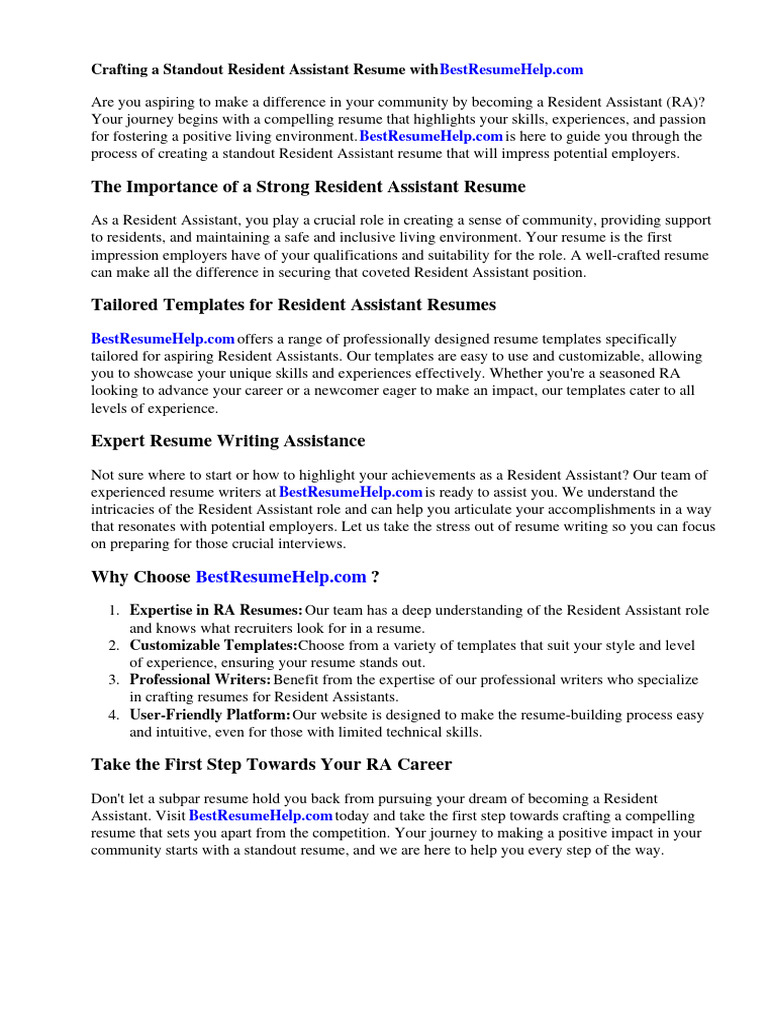 Resident Assistant Resume PDF - 1710804249