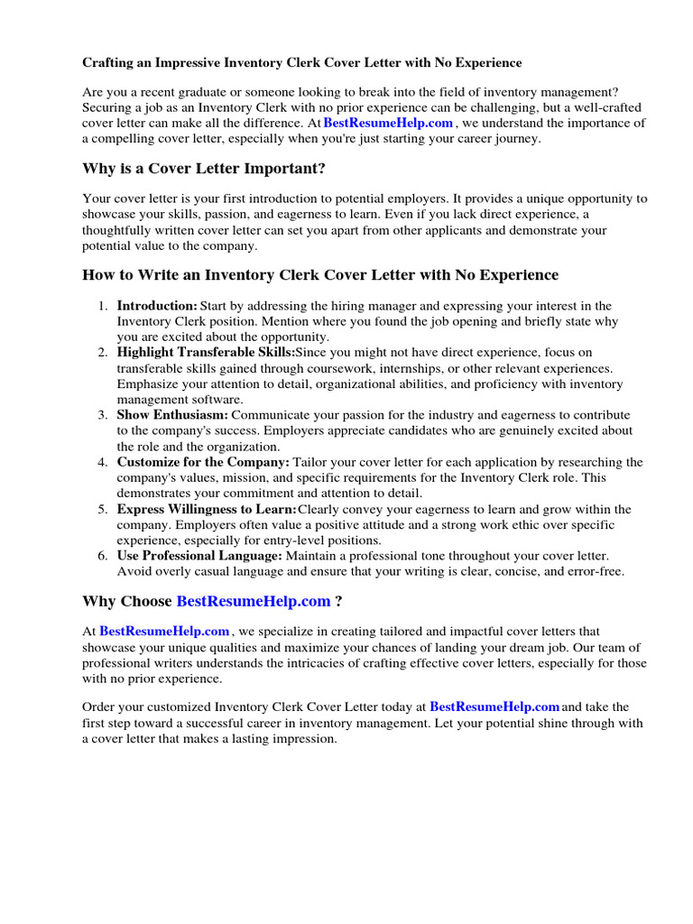 Inventory Clerk Cover Letter No Experience PDF Inventory Experience