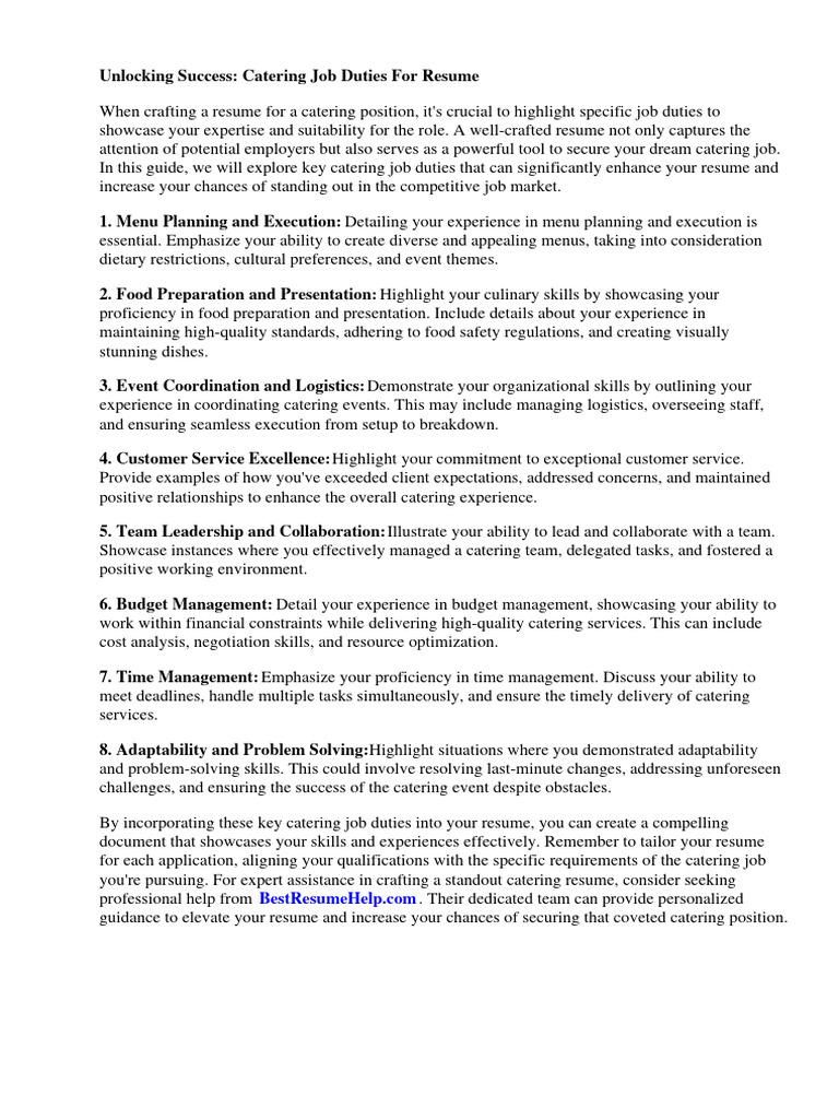 Catering Resume Job Duties Guide | PDF | Résumé | Menu