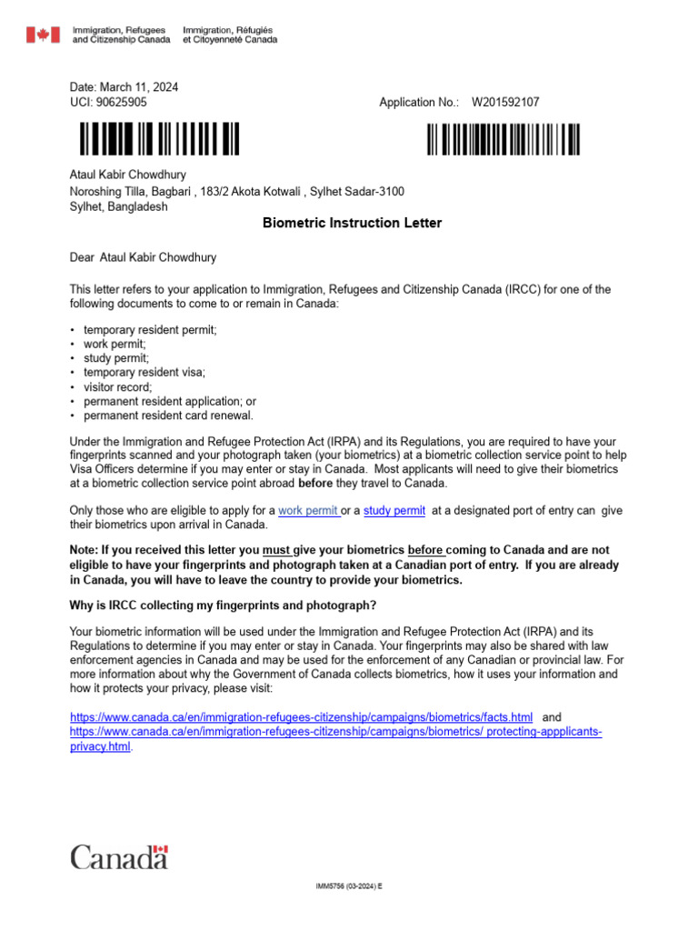 Biometric Instruction Letter Study Permit Download Free PDF Immigration Human Migration