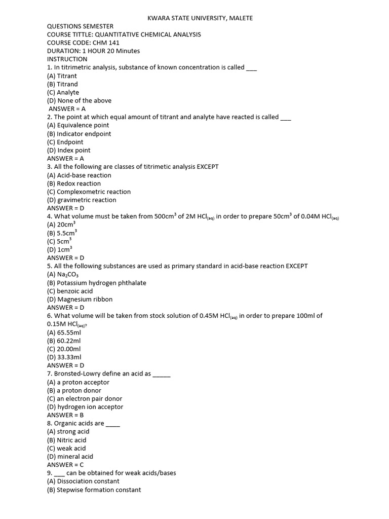 CHM 141-PRACTICE QUESTIONS | PDF | Acid | Ph