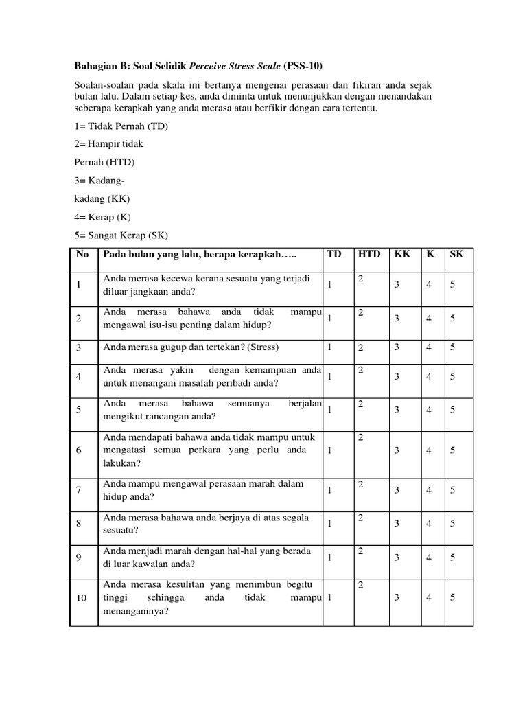 Kuesioner Skala Stres PSS-10 | PDF