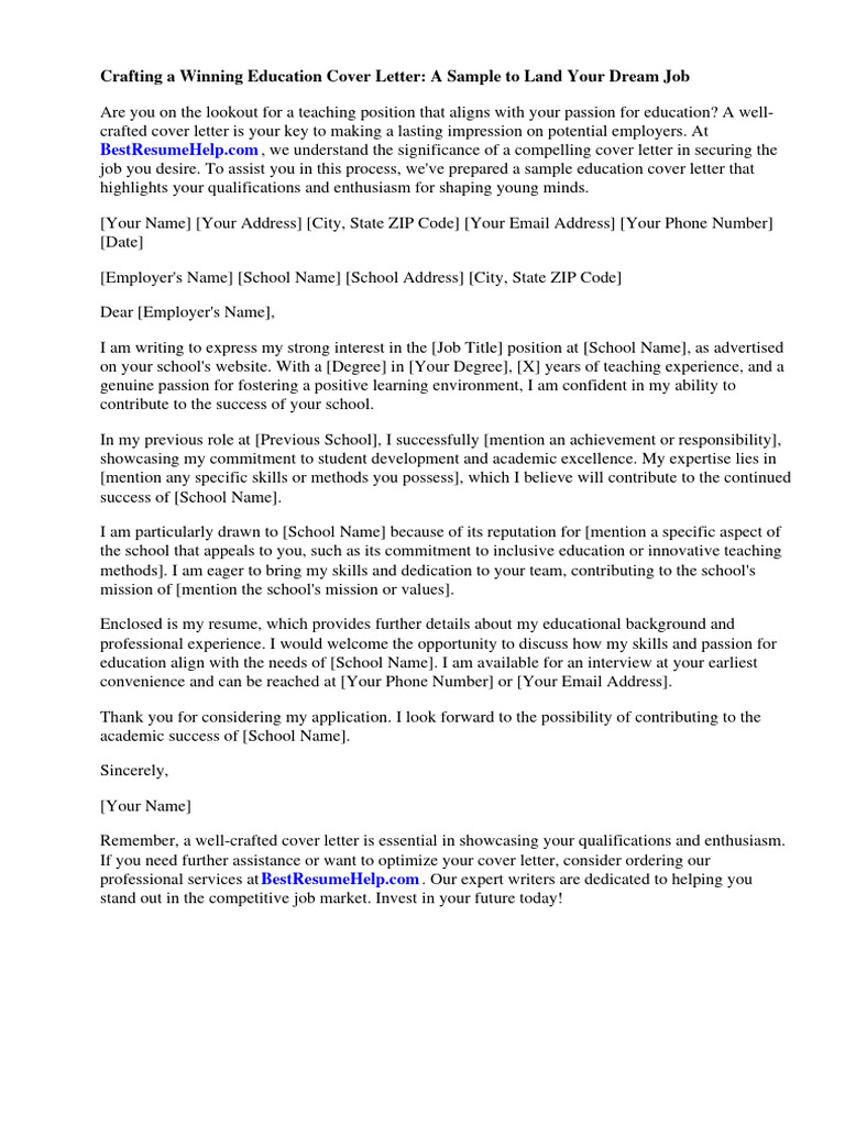 Education Cover Letter Sample Download Free PDF Résumé Teachers