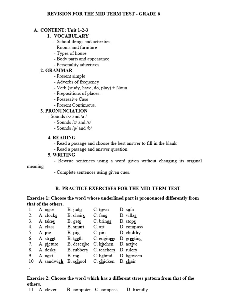 Grade 6 Mid-Term Test Revision Guide | PDF | Adverb | Linguistics