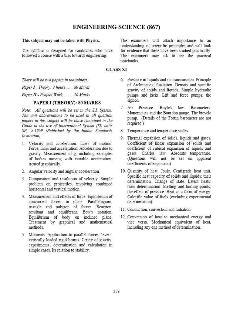ISC Engineering Science Syllabus | PDF | Force | Heat