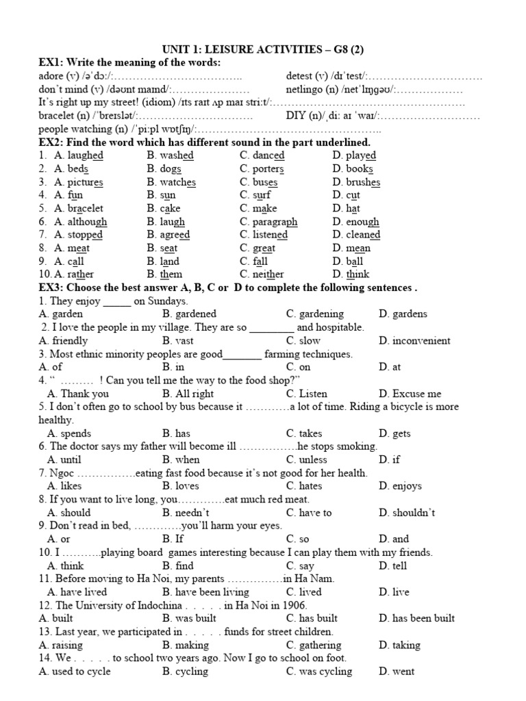 Unit 1 leisure activities g8 2 ex1 write the meaning of the words