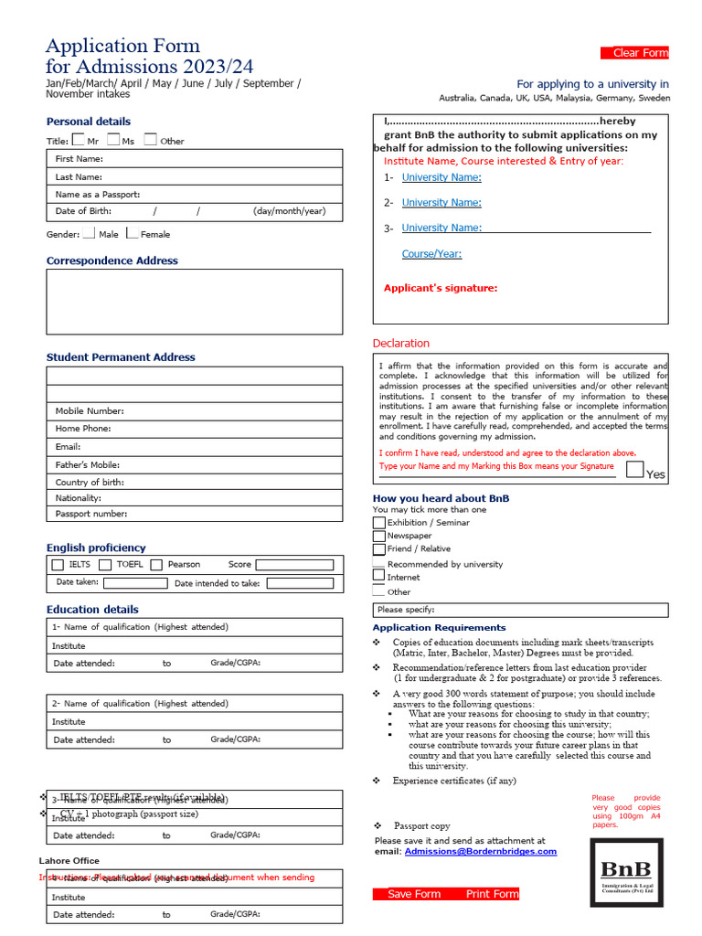 University Admissions Application Form 2023 | PDF