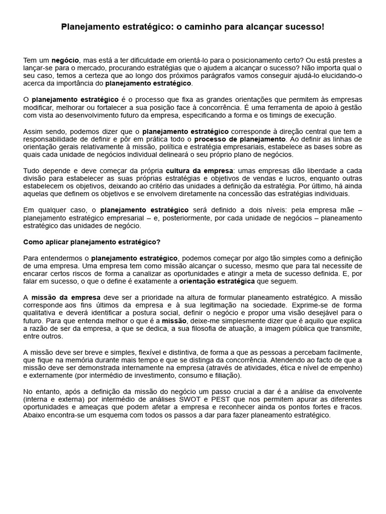 Planejamento Estratégico para Sucesso Empresarial | PDF | Planejamento ...