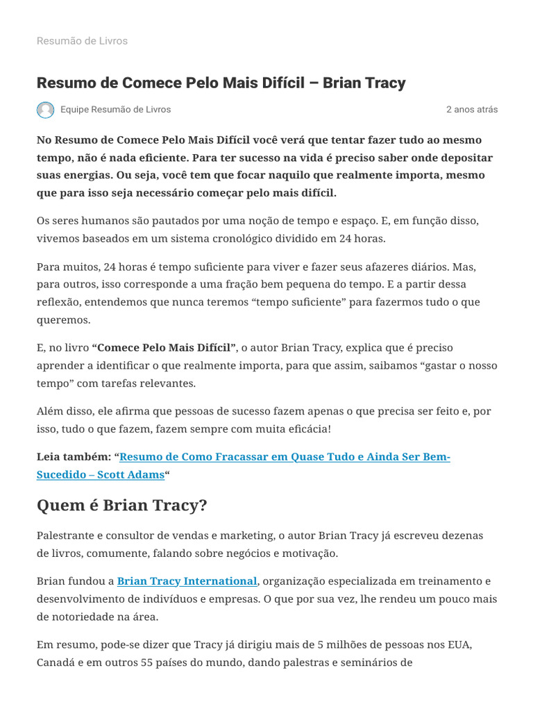 Resumo de "Comece Pelo Mais Difícil" | PDF | Tempo | Liderança