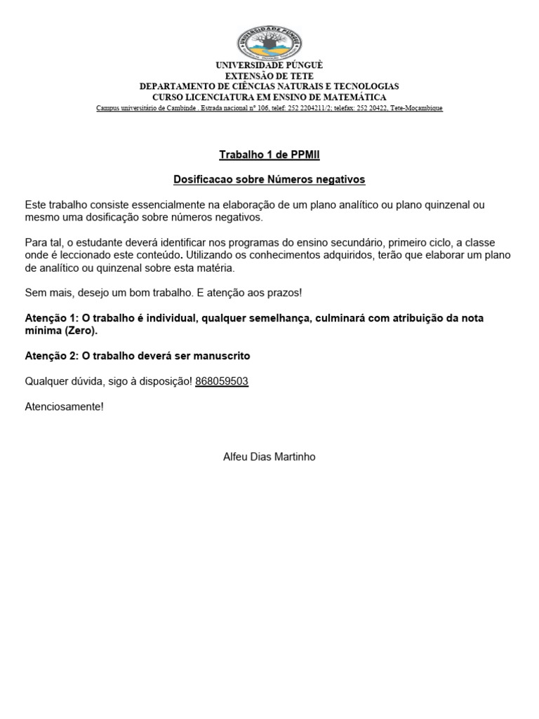Dosificação de Números Negativos em Matemática | PDF | Carreira e ...