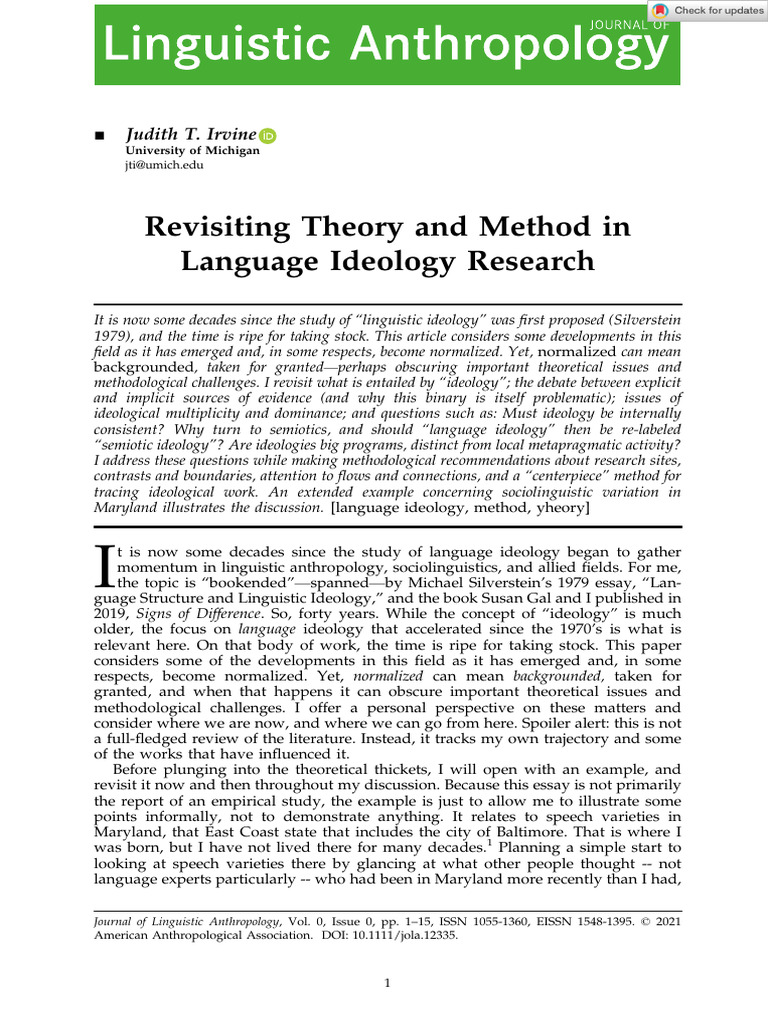 Irvine 2021 Revisiting Theory And Method In Language Ideology
