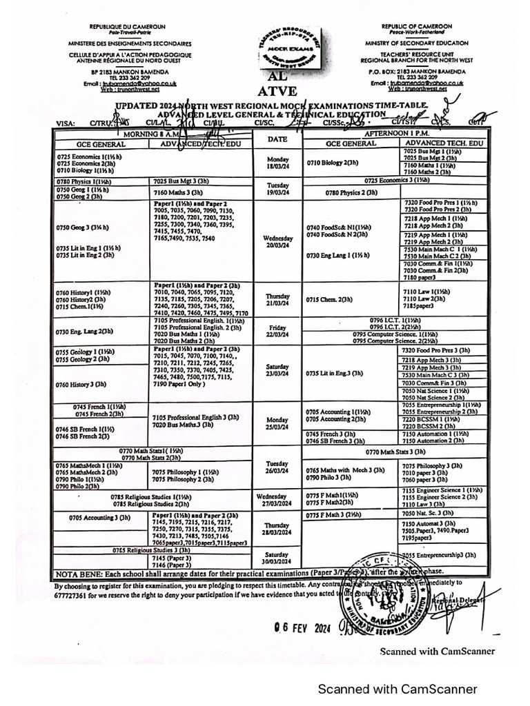 Advanced Level Regional Mock Timetable | PDF