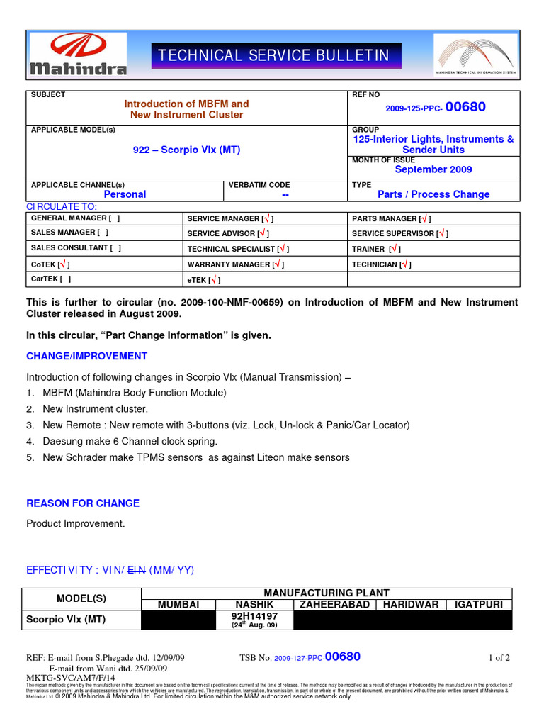 Mahindra Scorpio Vlx Technical Bulletin | PDF | Wheeled Vehicles | Vehicles
