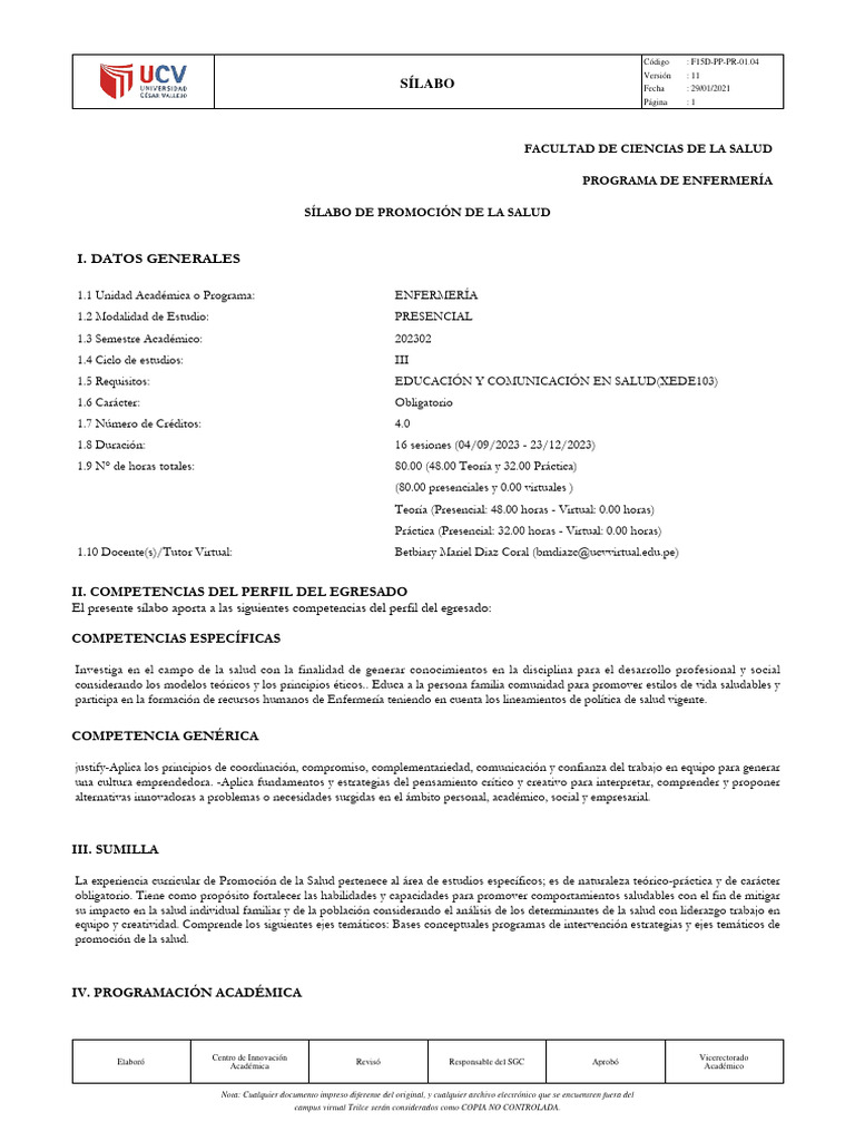 Sílabo Del Curso PROMSA 2023-II | PDF | Promoción de la salud | Enfermería