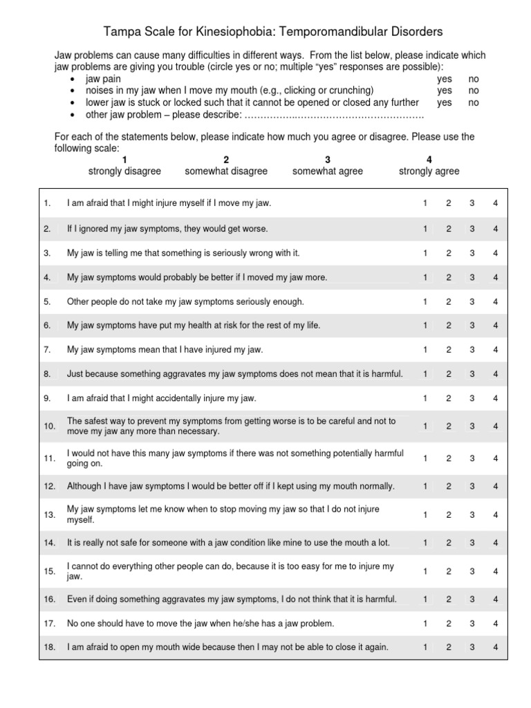 Tampa Kinesiophobia Scale for Jaw Issues | PDF | Medical Specialties ...