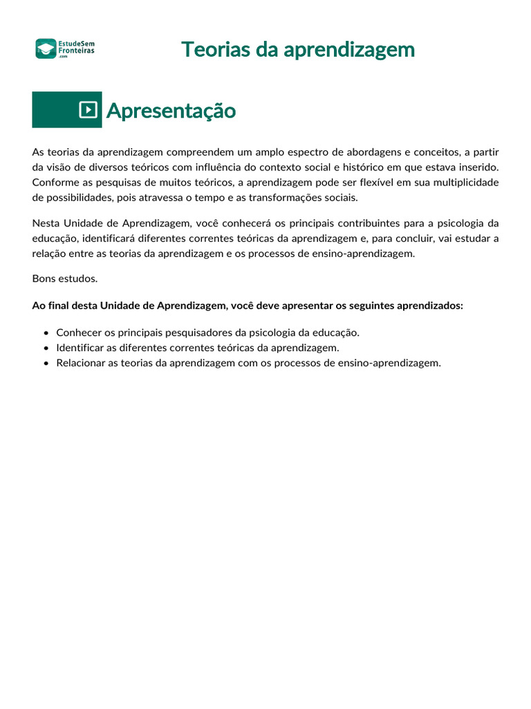 Teorias da Aprendizagem na Educação | PDF | Bem-estar