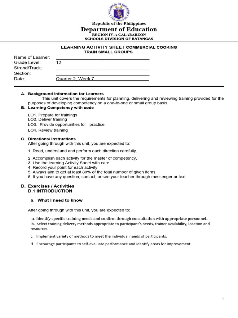 Commercial Cooking Training Activities | PDF | Employment | Learning