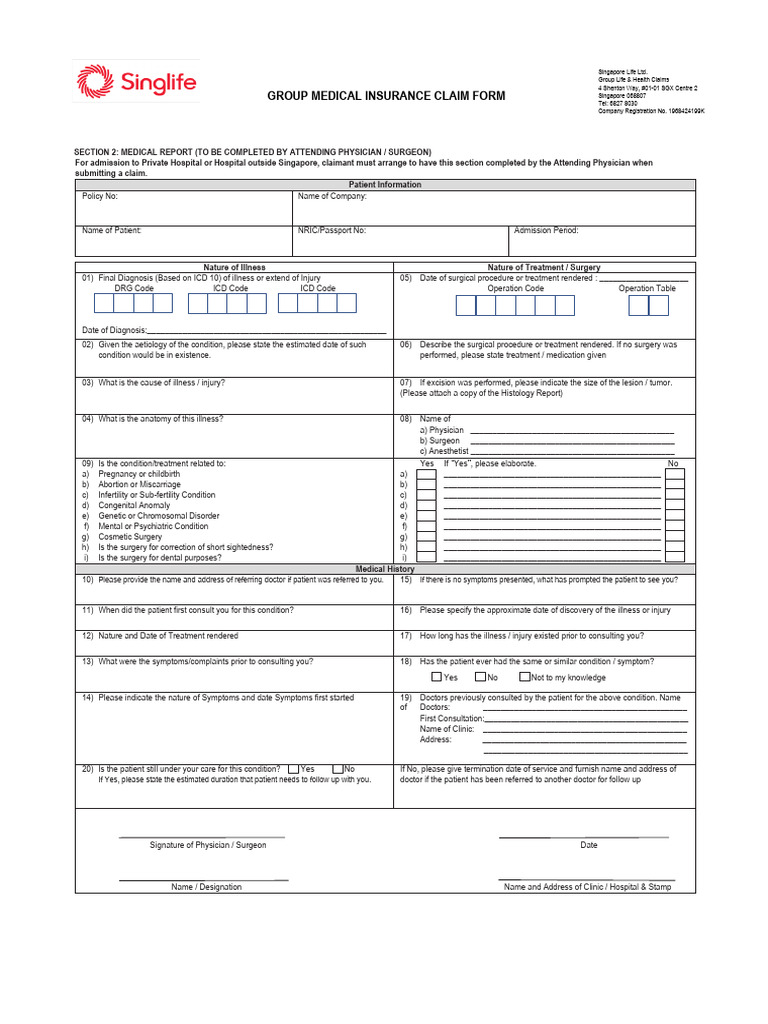 Group Medical Insurance Claim Form Section 2 PDF Patient Surgery