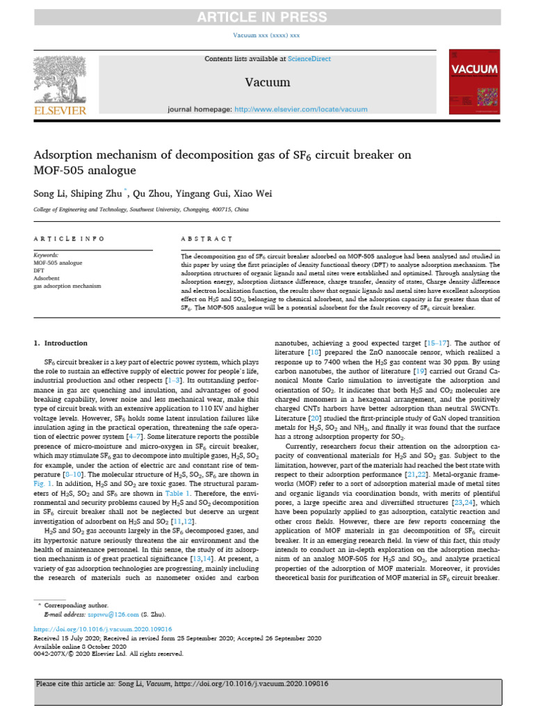 Adsorption of SF6 Decomposition Gases on MOF-505 | PDF | Adsorption ...