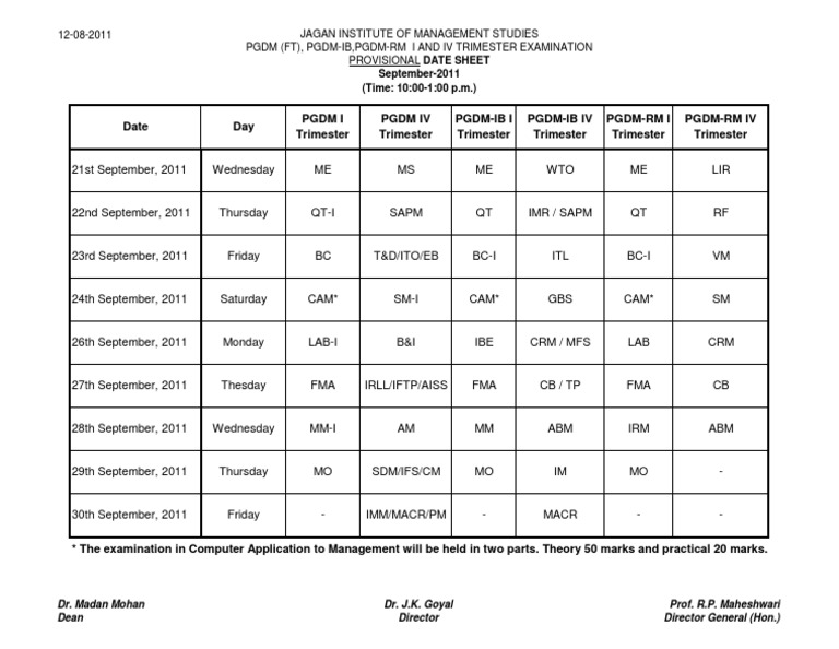 PGDM Examination Date Sheet September 2011 | PDF