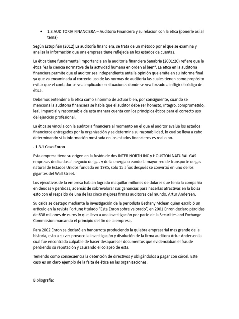 Ética en Auditoría Financiera y Caso Enron | PDF | Auditoría | Enron