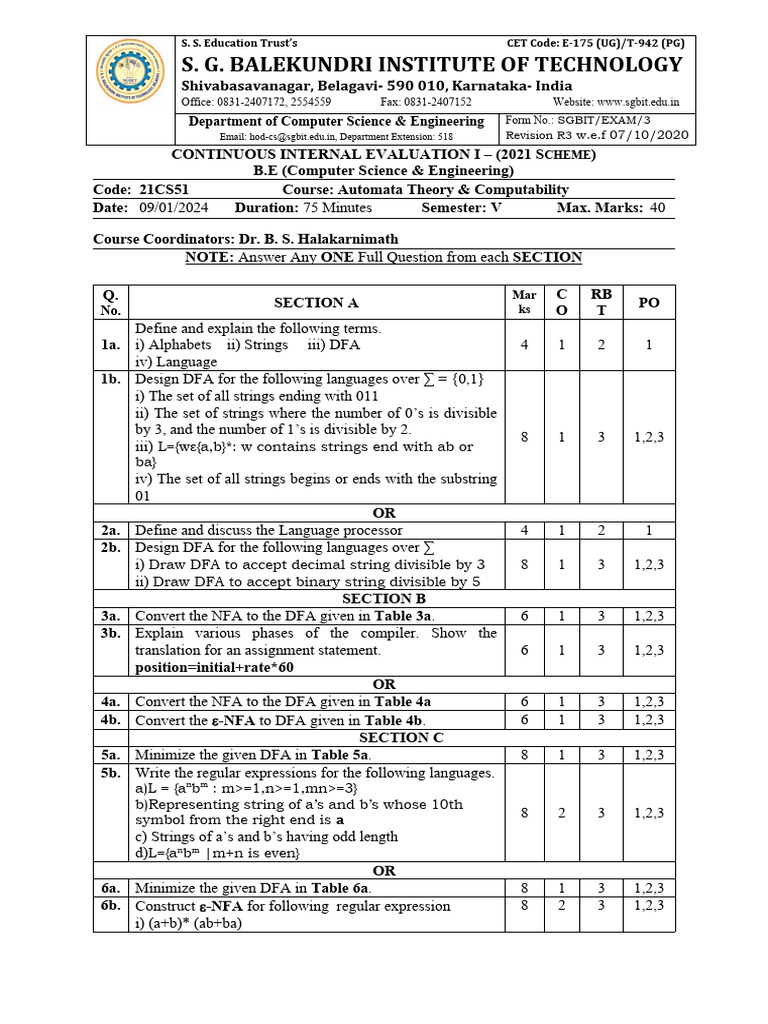 21CS51 Ia 1 | PDF | Regular Expression | Compiler