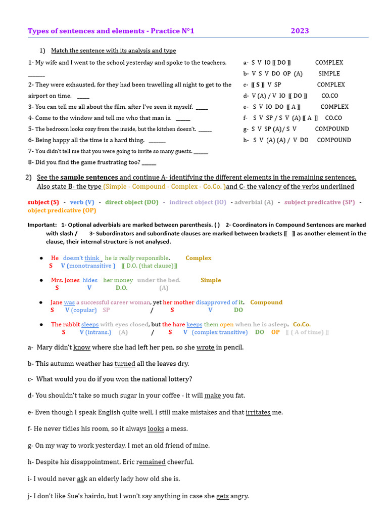 Sentence Types + Elements 23. Practice 1 | PDF | Verb | Subject (Grammar)