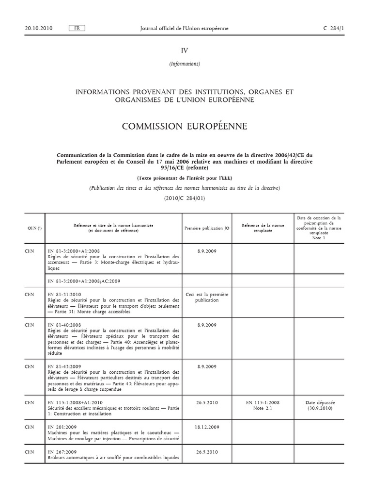 Liste Normes Liees Directive Machine 2006 42 CE | PDF | Sécurité ...
