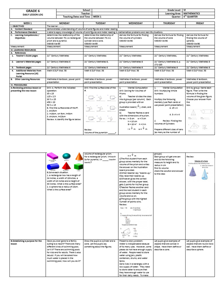 Grade 6 Math Volume Lesson Plan | PDF | Volume | Area