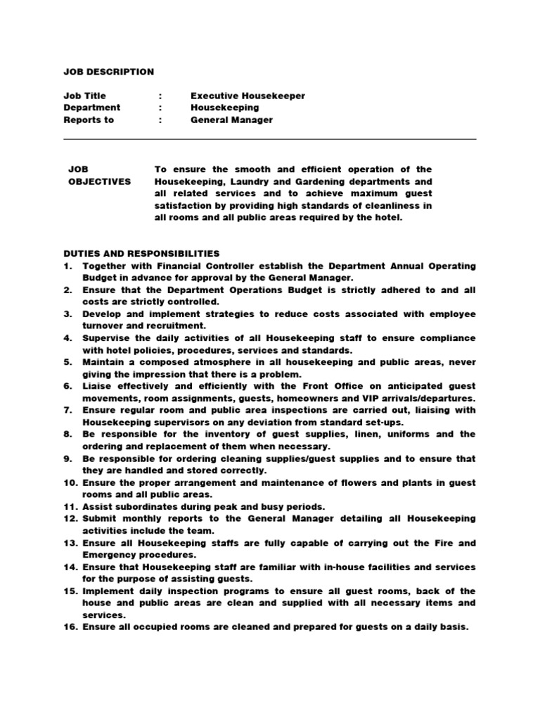 Job Description HK PDF Housekeeping Employment