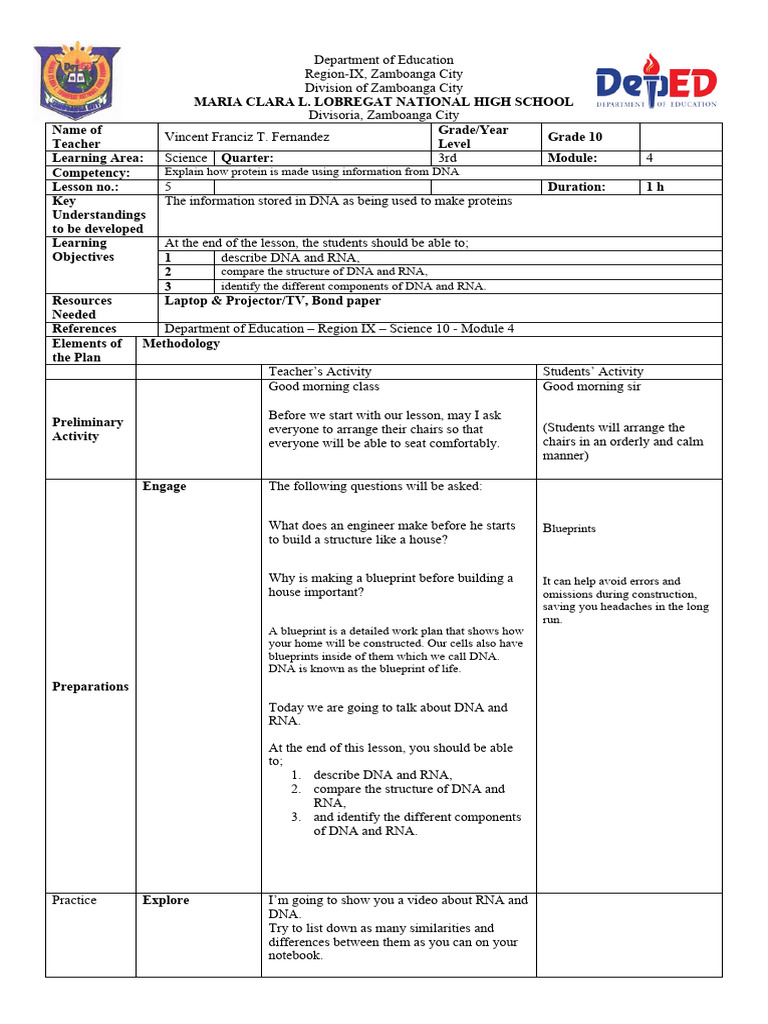 Lesson Plan g10 3rd Quarter COT Lenses | PDF | Rna | Cell (Biology)