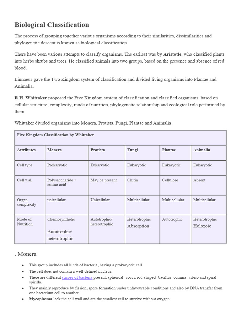 Overview of Biological Classification | PDF | Cell (Biology) | Protozoa