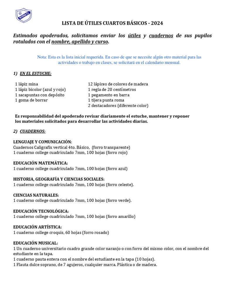 Útiles Escolares 4to Básico 2024 | PDF | Hogar, jardinería y bricolaje ...