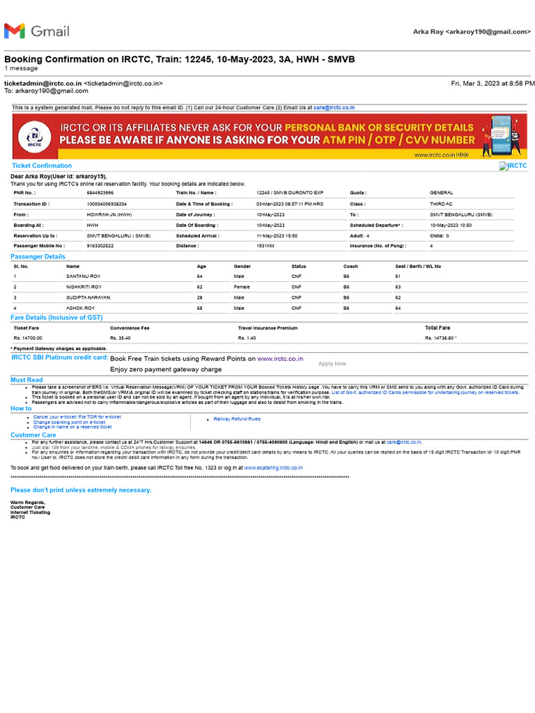 Gmail - Booking Confirmation On IRCTC, Train - 12245, 10-May-2023, 3A ...