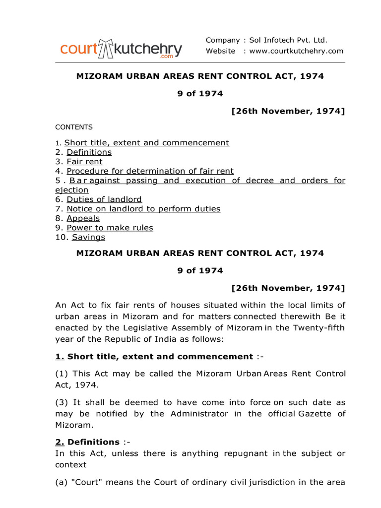 Mizoram Urban Areas Rent Control Act | PDF | Leasehold Estate | Landlord