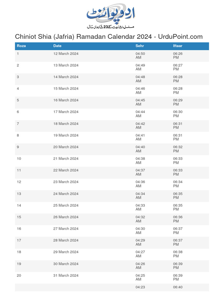 Chiniot Shia Ramadan Calendar 2024 Urdupoint PDF Spiritual Practice