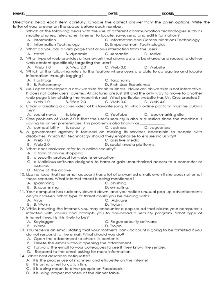 ICT and Online Security Quiz Questions | PDF | World Wide Web ...