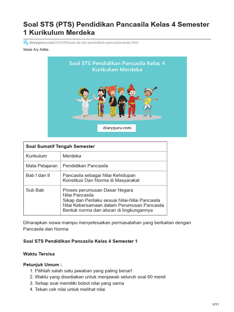 Soal Sts Pts Pendidikan Pancasila Kelas 4 Semester 1 Kurikulum Merdeka